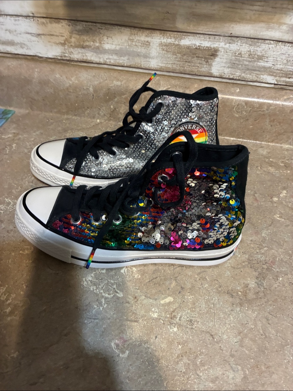 Converse High Top Size 6.5 Pride Sequin Sneakers in Multicolor and Silver - Picture 4 of 11